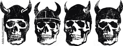 grunge viking skulls set with horned helmets, dark gothic tattoo design collection