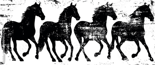 black silhouette of four running horses with distressed texture on white background