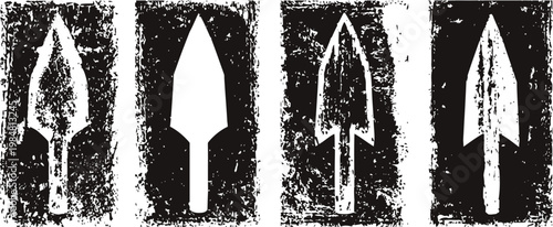 Four vintage arrowhead prints with distinct rough textures and worn black backgrounds in grunge
