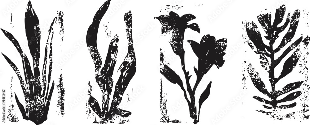 Fototapeta premium hand drawn floral botanical leaves and flowers set in black ink brush stroke