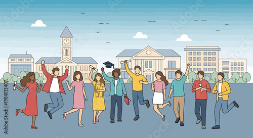Diverse group of happy young adults celebrating graduation achievements with smiles and raised hands in front of picturesque educational buildings under a clear sky conveying a sense of