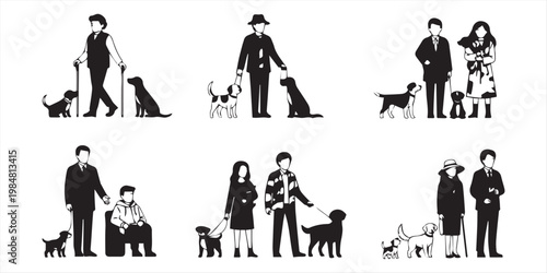 People all ages playing with dogs different poses in park outdoors vector silhouette set collection. Group people walking with dogs in public park outdoors black silhouettes.