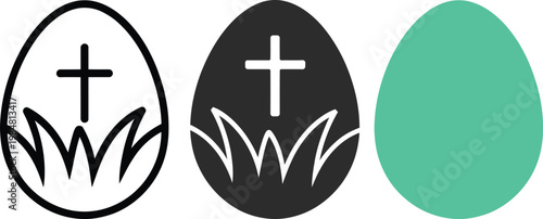 Three stylized eggs with distinct religious and cultural symbols for comparison