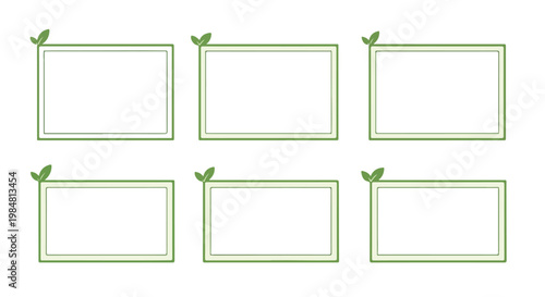 Six empty rectangular frames with green leaf accents, perfect for nature-themed designs or informational layouts