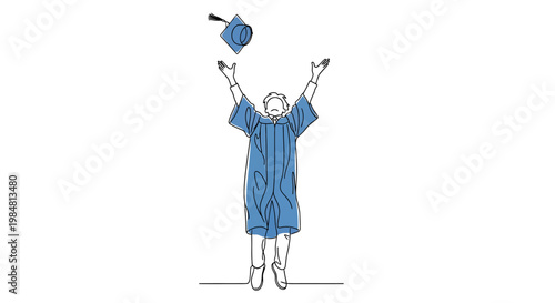 Joyful graduate in blue cap and gown throws hat in air celebrating achievement and successful completion of academic journey representing new beginnings and future opportunities education