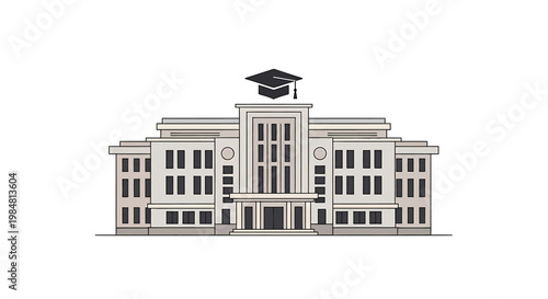 Architectural Facade of a Large Educational Institution Building Displaying Academic Achievement Symbol of Graduation Cap on Rooftop for Concepts of Learning Higher Education Learning Journeys