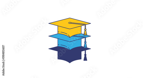 Three academic mortarboards are stacked vertically for symbolizing higher education achievement and intellectual advancement in learning environments