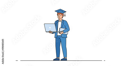 Young man wearing academic cap and gown holds a laptop and book representing higher education achievement and digital learning technologies symbolizing graduation success and intellectual