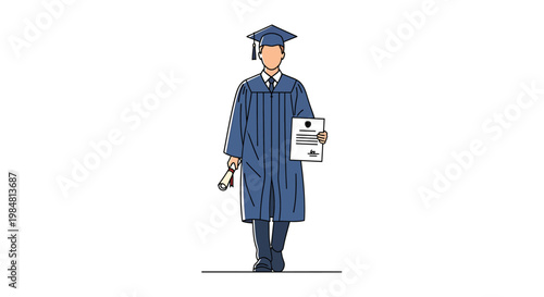 Young man in a blue academic robe and square cap proudly holding a degree certificate and diploma scroll signifying achievement and success in higher education graduation ceremony presentation