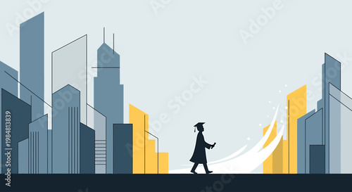 Silhouette of a graduating person in academic regalia walking with a diploma toward a vibrant urban cityscape symbolizing future opportunities and career advancement achievements in professional