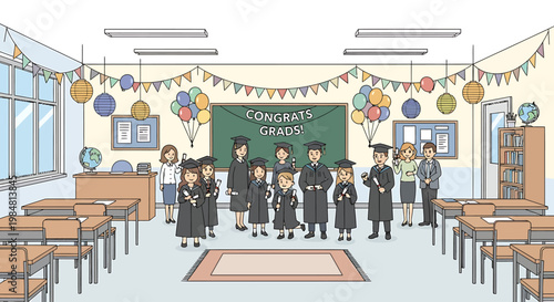 Joyful group of graduating students and teachers celebrating academic achievement and success together in a decorated classroom setting holding diplomas and balloons embodying school spirit and