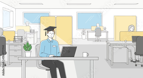 Dedicated individual wearing academic cap diligently working on laptop computer in bright open plan office setting surrounded by colleagues and workstations illustrating career advancement and