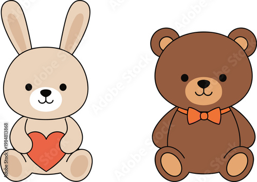 Cute bunny and teddy bear cartoon vector characters with heart and bow isolated on white background