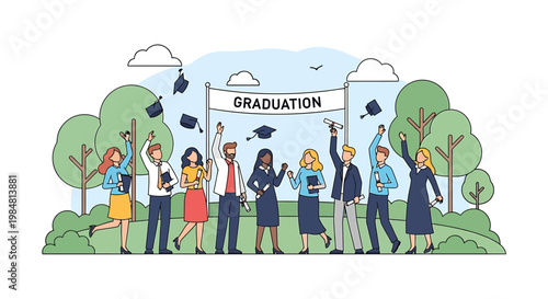 Diverse group of students celebrating graduation day outdoors with caps tossed in the air holding diplomas symbolizing achievement education and future success depicted in a cheerful and vibrant