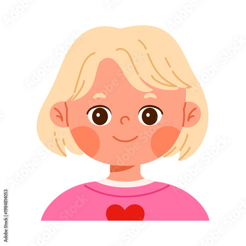 Cute happy girl character smiling. Facial expression concept. Friendly child avatar with positive emotion. Emotional reaction. Kid apps and emotions education concept. Isolated vector illustration