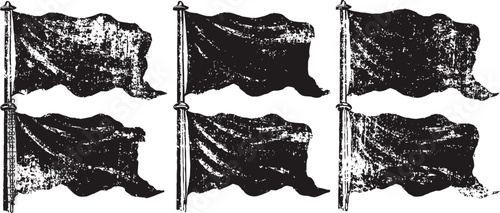 Set of six vintage distressed waving flags with poles, grunge textured black banners isolated on white