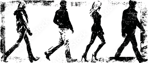 silhouettes of four walking people in a row, black and white grunge illustration