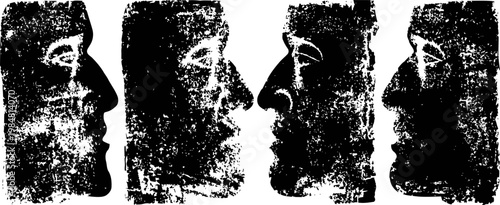 monolithic ancient stone faces with carved profiles in a weathered volcanic rock formation