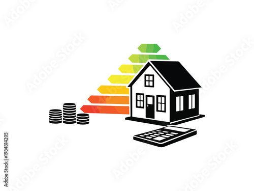 Energy efficiency rating displayed on a model house with calculator and coins, representing home energy audit, cost savings, and sustainable housing. Concept of energy conservation.