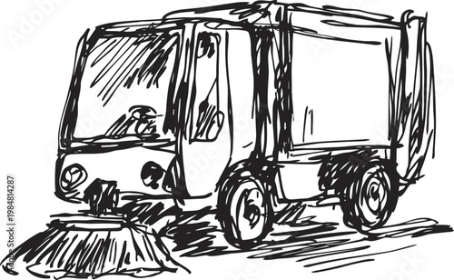 Street sweeper vehicle cleaning urban roads with rotating brushes and waste collection container