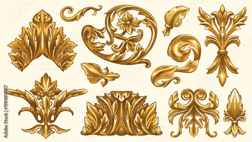 Vintage Baroque or renaissance hand drawn Victorian set of ornament floral elements engraved retro flower decorative design heraldic swirls. 