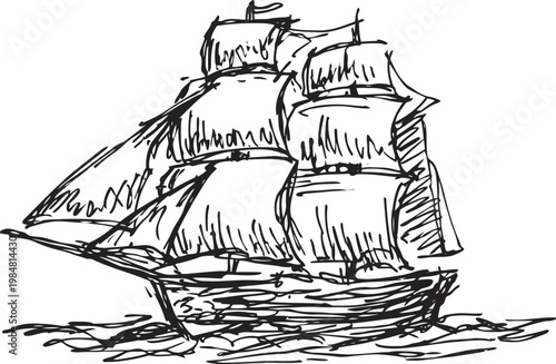 black ink hand drawn sketch of a sailing ship with full sails on sea waves
