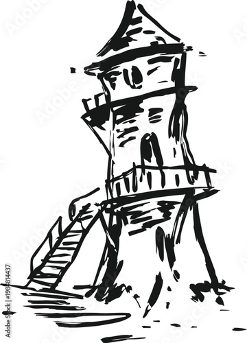 Abstract hand drawn lighthouse sketch with stairs and lookout tower on rocky foundation