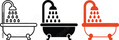 Three different types of bathtubs with running water depicted in a minimalist style