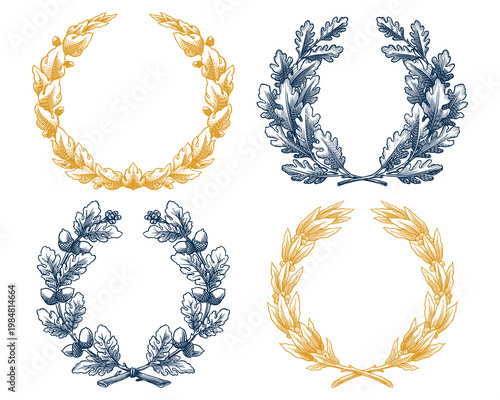 Vintage oak and laurel wreath in engraving style. Decorative element for award or emblems with luxury design. Engraving hand drawn in hatching and lineart style.