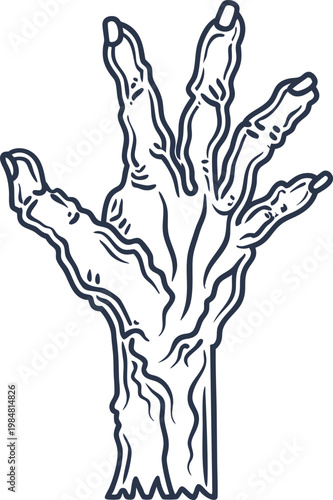 spooky zombie hand rising up with detailed veins and claws halloween horror illustration