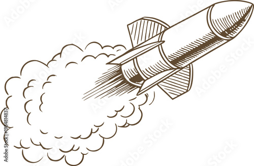 Retro rocket launching with smoke trail, vintage space shuttle in flight illustration