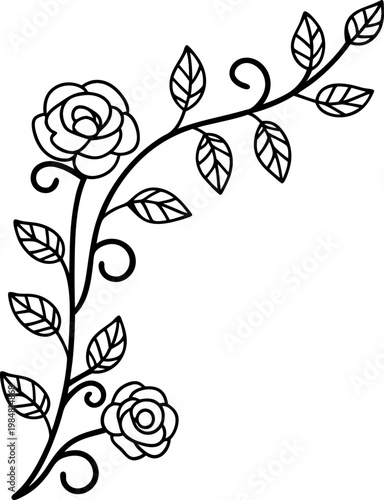Delicate floral corner design with blooming roses and detailed leafy branches in black line art