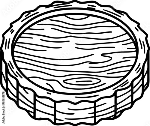 wooden tree stump cross section with natural rings and bark texture in black line art