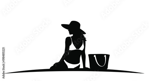 Silhouette of a woman sitting by the seaside with a handbag
