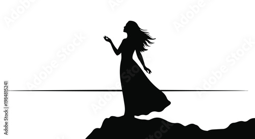 Graceful silhouette of a woman standing triumphantly atop a cliff edge