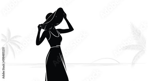 Elegant silhouette of a woman adjusting her hat by the seaside