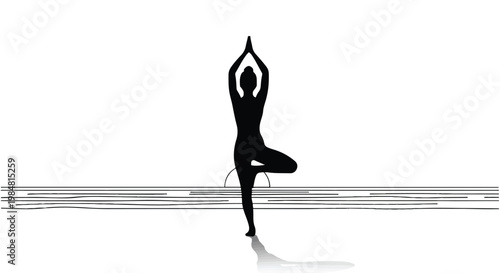 Silhouette of a person practicing yoga in tree pose on a mat
