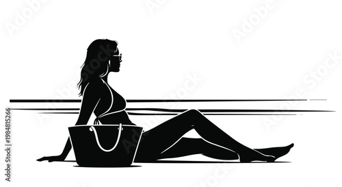 Contemplative woman sitting with a large handbag on a modern bench