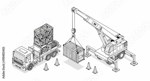 Isometric Line Art of Mobile Crane Lifting Shipping Container and Cargo Truck with Freight Crates, Logistics and Construction Site Concept