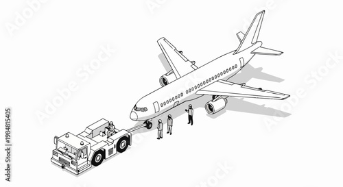Airplane Pushback Isometric Line Art Illustration: Commercial Jet with Ground Crew and Towing Tractor on Airport Apron