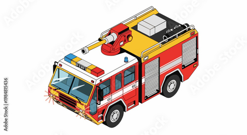 Isometric Red Fire Truck Emergency Vehicle with Water Cannon and Equipment, 3D Vector Style Illustration Isolated on White