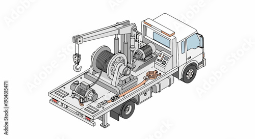 Isometric Technical Illustration of a Specialized Utility Truck with Winch, Cable Drum, and Crane Arm for Industrial Maintenance and Infrastructure Work