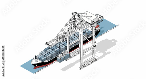 Isometric Container Ship and Port Crane Illustration for Global Logistics, Shipping, and International Trade Supply Chain Concept