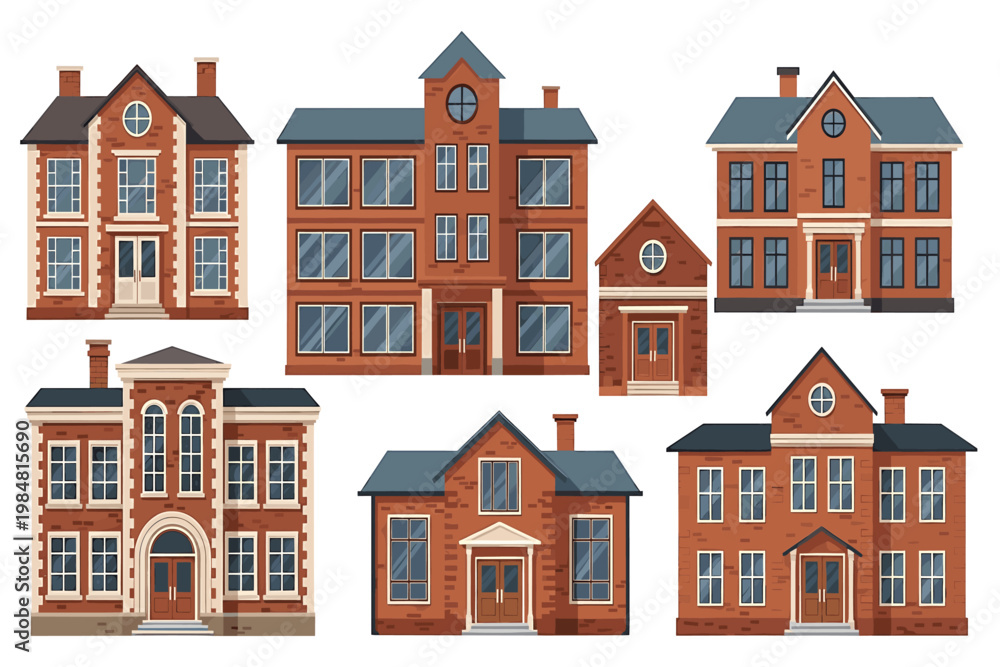 Fototapeta premium collection of diverse building facades flat design vector illustration on white background.