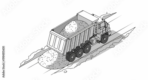 Isometric Heavy Construction Tipper Truck Unloading Gravel or Sand Pile Vector Illustration