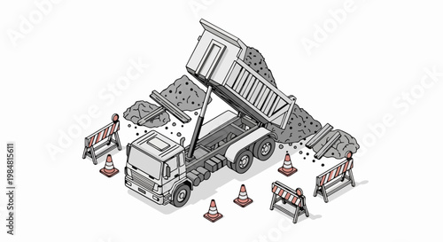 Isometric Dump Truck Unloading Soil at Construction Site Illustration