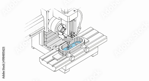Isometric CNC Milling Machine Line Art Illustration - Industrial Precision Engineering and Manufacturing Process Schematic