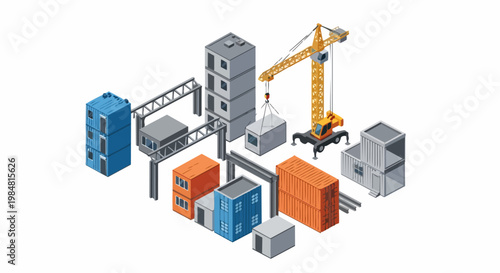 Isometric Modular Construction Site with Tower Crane and Prefabricated Building Units. Modern Industrial Architecture and Container Housing Concept on White Background.