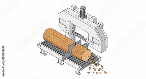 Industrial Sawmill Machine Cutting Wood Log on Conveyor Belt Isometric Vector Illustration