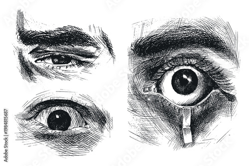 Man eye drawing. Expression with a significant emotion hand drawn ballpoint pen illustration traced in vector. 